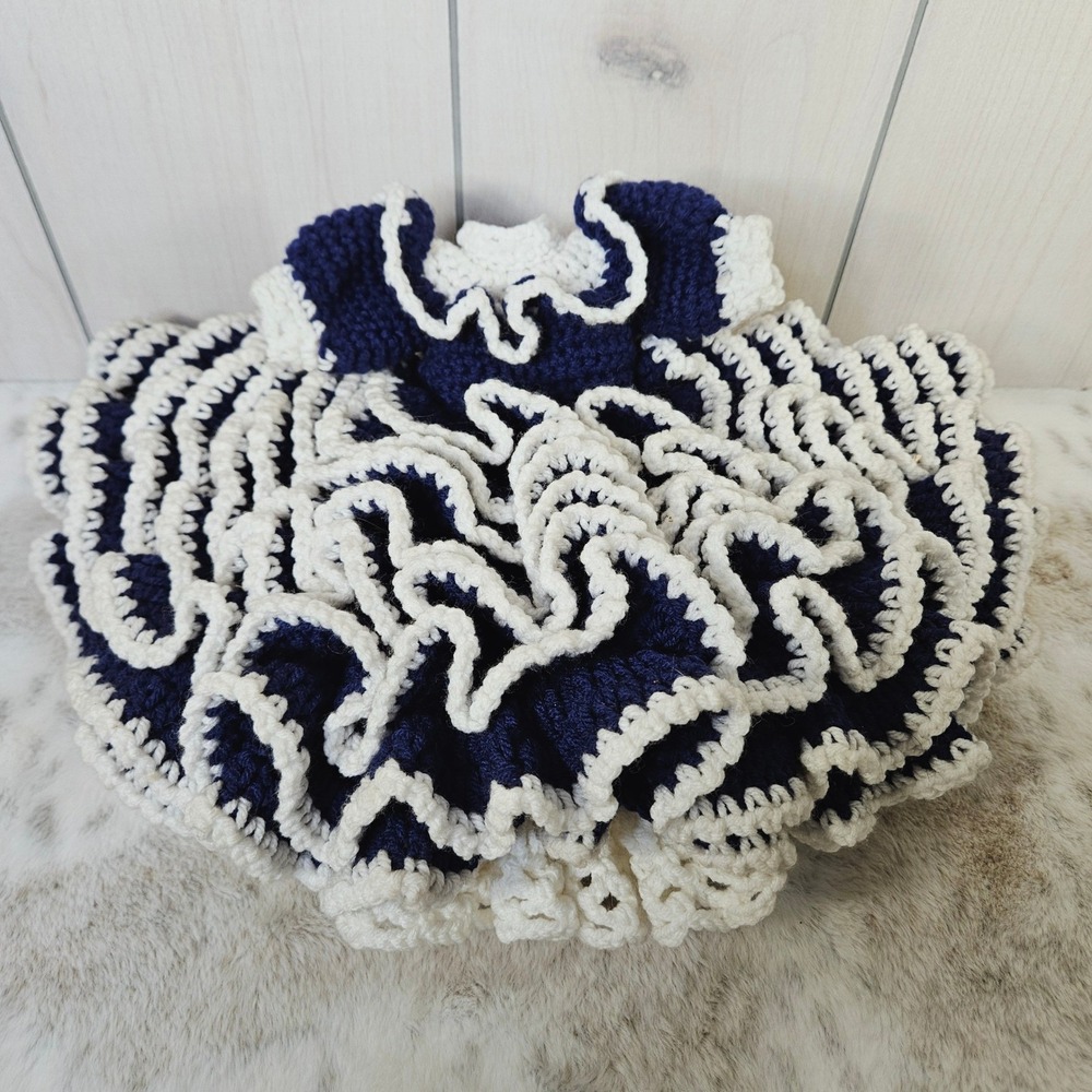 Handmade Navy White Ruffle Crochet Baby Doll Dress 0-3M Cottagecore Tiered
